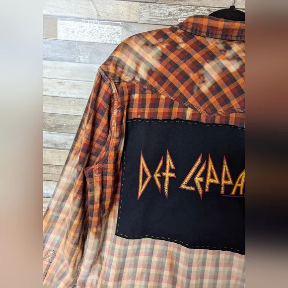 Def Leppard Upcycled Dip Dye Bleach Flannel Shirt - Picture 3 of 15